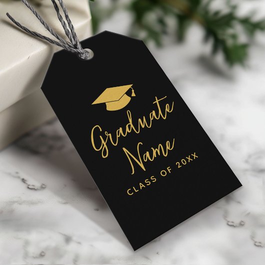 Étiquettes-cadeau Script Grad Name avec Casquette - Graduation Black