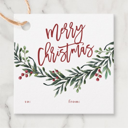 Étiquettes Cadeau Script joyeux Noël succursale avec baies cadeau fa (Devant)