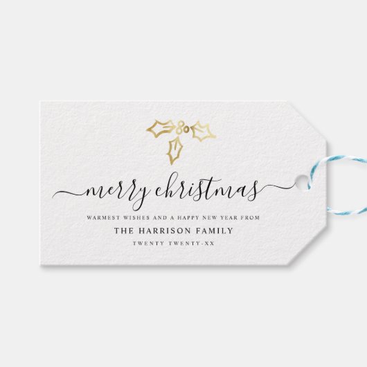 Étiquettes-cadeau Script moderne Joyeux Noël Gold Mistletoe (Devant (Horizontal))