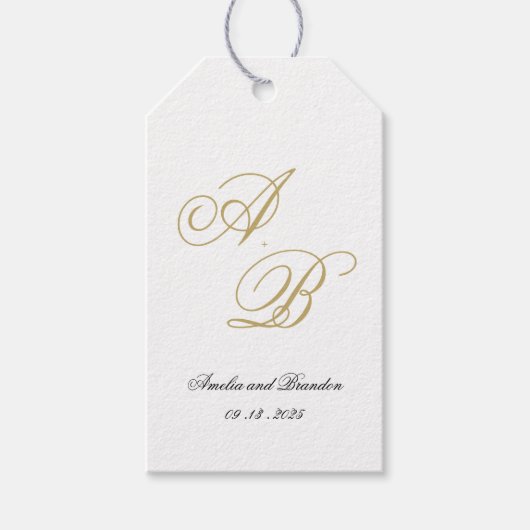 Étiquettes-cadeau Script Monogramme classique Mariage noir et or (Devant)