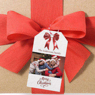 Étiquettes-cadeau Script photo arc blanc rouge Noël