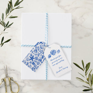 Étiquettes-cadeau Seashells Beach Wedding Bleu Blanc Cute Balnéaire