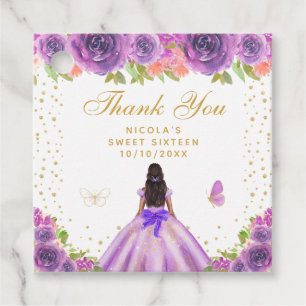 Étiquettes Cadeau Seize ans Princesse Fleur Violette Peau Foncée
