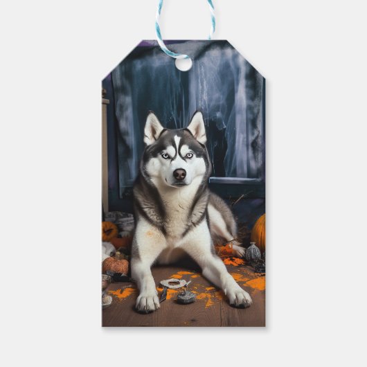 Étiquettes-cadeau Sibérie Husky Citrouille Halloween effrayant (Devant)