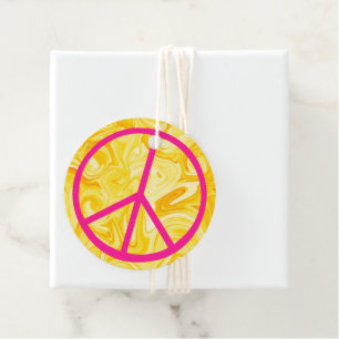 Étiquettes Cadeau Signe de Paix Rose Groovy Jaune Peinture Artistiqu