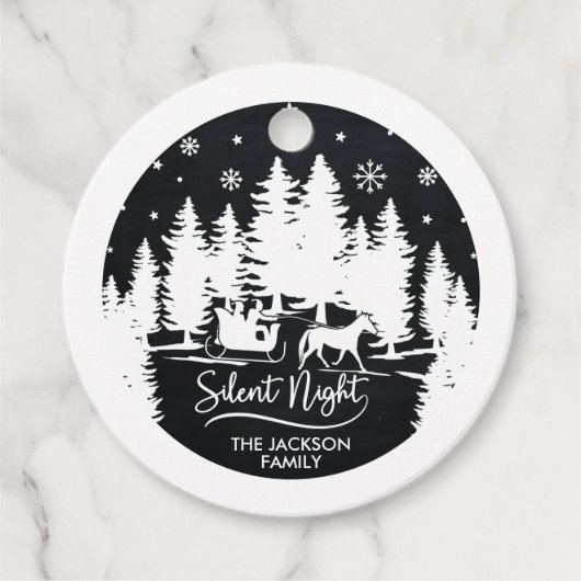 Étiquettes Cadeau Silencieux nuit pins neige flocon noir & blanc (Devant)