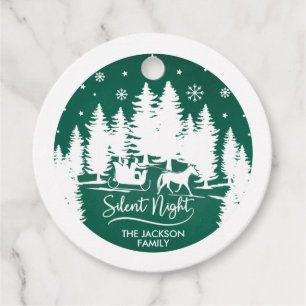 Étiquettes Cadeau Silencieux nuit pins neige vert & blanc