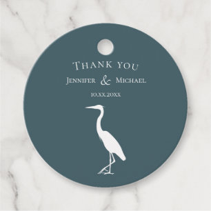 Étiquettes Cadeau silhouette héron blanc sur bleu turquoise foncé si