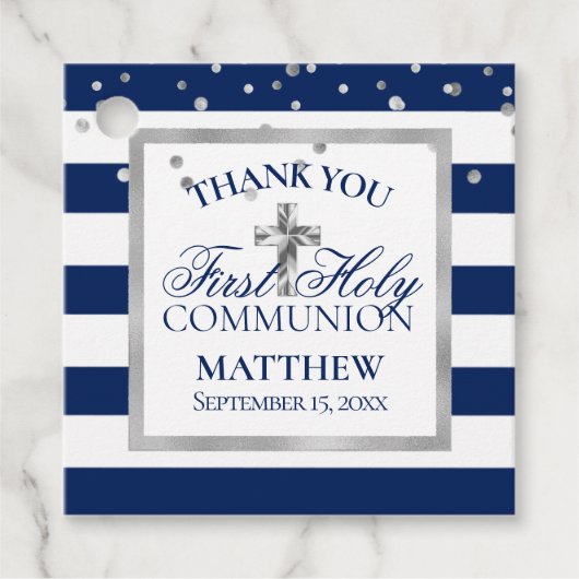 Étiquettes Cadeau Silver Navy Blue Stripes Premier Saint Communion G (Devant)