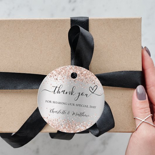 Étiquettes Cadeau Silver rose or coeur merci mariage