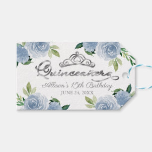 Étiquettes-cadeau Silver Tiara Bleu clair Floral Quinceanera Party
