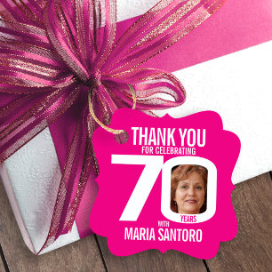 Étiquettes Cadeau Simple 70e anniversaire photo rose blanc