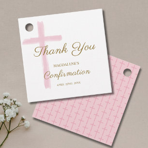 Étiquettes Cadeau Simple confirmation de remerciement de croix rose