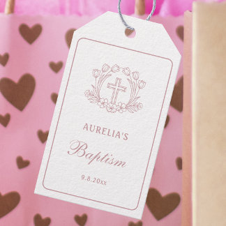 Étiquettes-cadeau Simple Croix Florale Rose Baptême