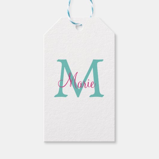 Étiquettes-cadeau simple minimal ajouter nom monogramme vert rose bl (Devant)