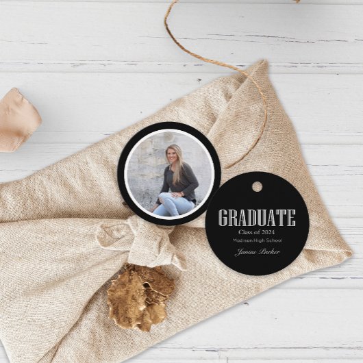 Étiquettes Cadeau Simple moderne Black Photo Graduation