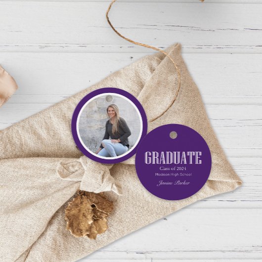 Étiquettes Cadeau Simple Moderne Purple Photo Graduation