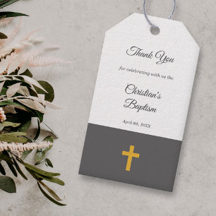 Étiquettes-cadeau Simple, Noir avec un Merci Baptême de Croix d'Or
