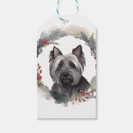 Étiquettes-cadeau Skye Terrier Fête de Noël Wreath Pup (Devant)