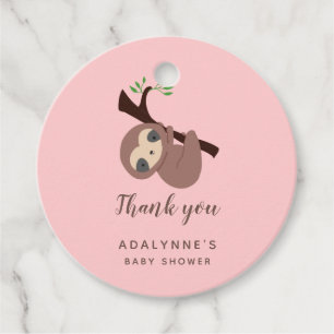 Étiquettes Cadeau Sloth Baby shower fille Merci rose Script mignon