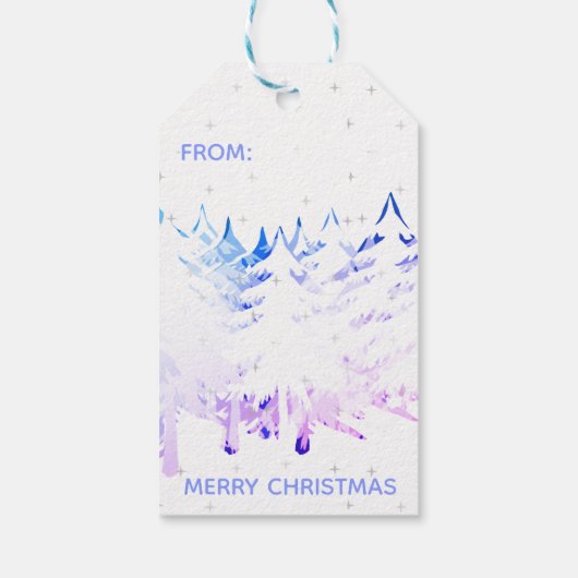 Étiquettes-cadeau Snow Laden Arbres de Noël en bleu violet et blanc (Dos)