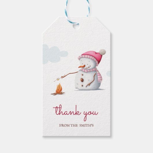 Étiquettes-cadeau Snowman simple rose Marshmallows Merci (Devant)