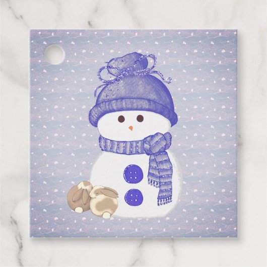 Étiquettes Cadeau Snowman with Two Sleeping Bunnies with Snowflakes (Devant)