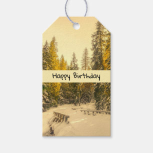 Étiquettes-cadeau Snowy Winter Path with Pine Trees Anniversaire