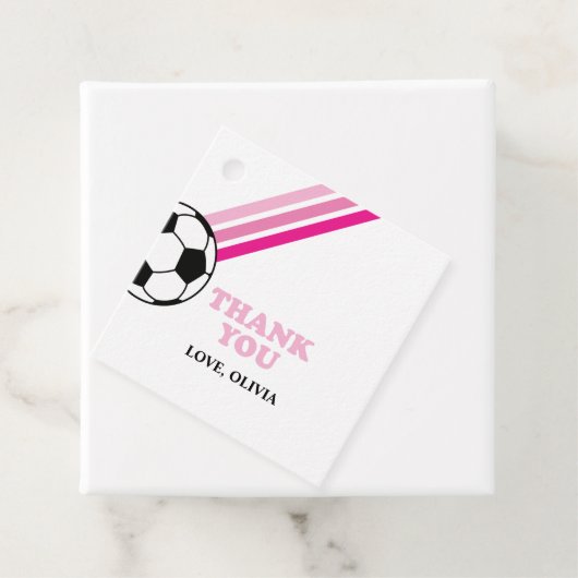 Étiquettes Cadeau Soccer rose rayures Merci Anniversaire (En situation)