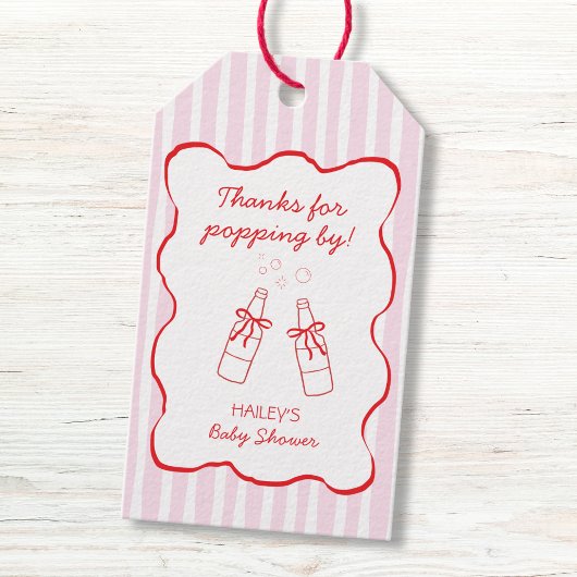 Étiquettes-cadeau Soda Bottle Bow Pink & Red Wavy Baby Shower