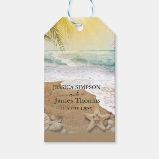 Étiquettes-cadeau Soleil Élégant et Plage d'Océan Bleu (Devant)
