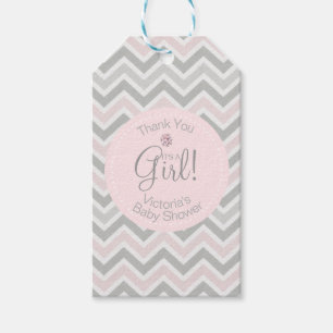 Étiquettes-cadeau Son un baby shower gris gris rose de Chevron de