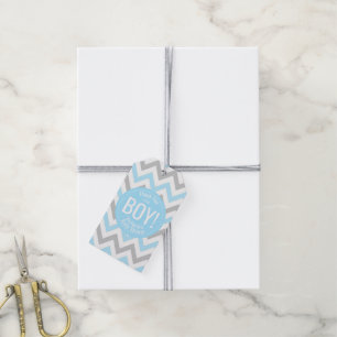 Étiquettes-cadeau Son un gris bleu de Chevron de garçon/faveur gris