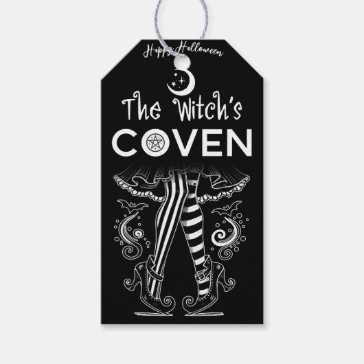 Étiquettes-cadeau Sorcière Coven Jambes de Sorcière Noir Blanc Hallo (Devant)
