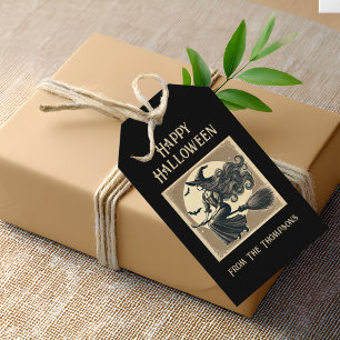 Étiquettes-cadeau Sorcière Élégante sur Balai Vintage Halloween Noir