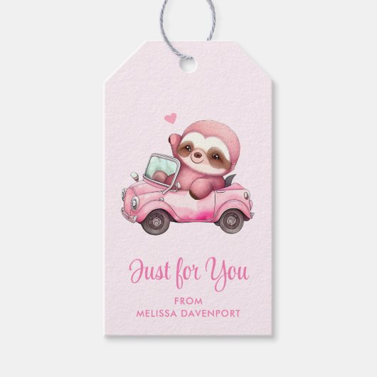 Étiquettes-cadeau Sourire rose Sloth conduisant une convertible (Devant)