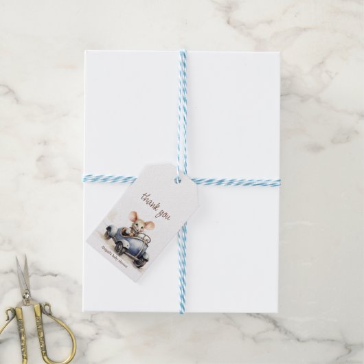 Étiquettes-cadeau Souris d'aquarelle mignonne en Baby shower voiture (Avec de laficelle)