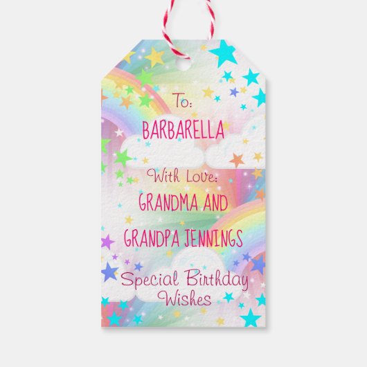 Étiquettes-cadeau Starburst Rainbow Princess Unicorn Anniversaire (Dos)