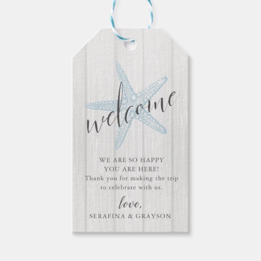 Étiquettes-cadeau Starfish Beach Wedding Sac de bienvenue rustique (Devant)