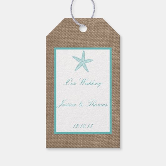 Étiquettes-cadeau Starfish Turquoise Burlap Beach Wedding Collection (Devant)