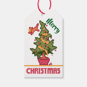 Étiquettes-cadeau stealing cat, tree, Pixel Art, Merry Christmas