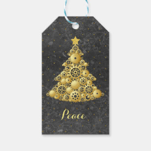 Étiquettes-cadeau Steampunk Gears Gold Christmas Tree