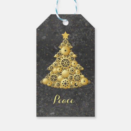 Étiquettes-cadeau Steampunk Gears Gold Christmas Tree (Devant)