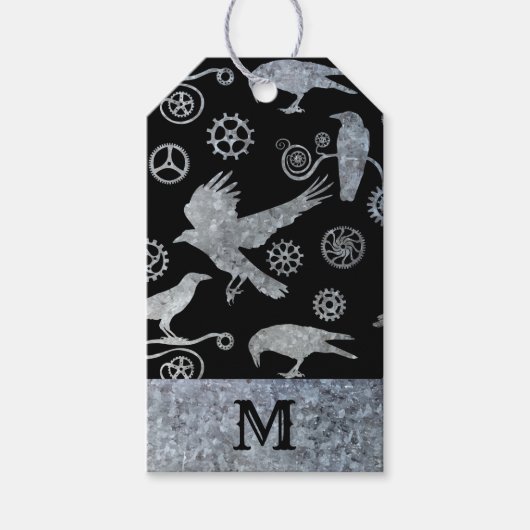 Étiquettes-cadeau Steampunk Silver Zinc Gears and Crows (Devant)