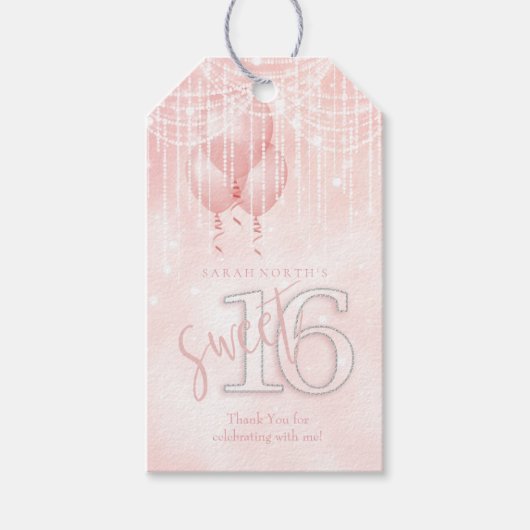 Étiquettes-cadeau String Lights & Balloons Sweet 16 Rose Gold ID473 (Devant)