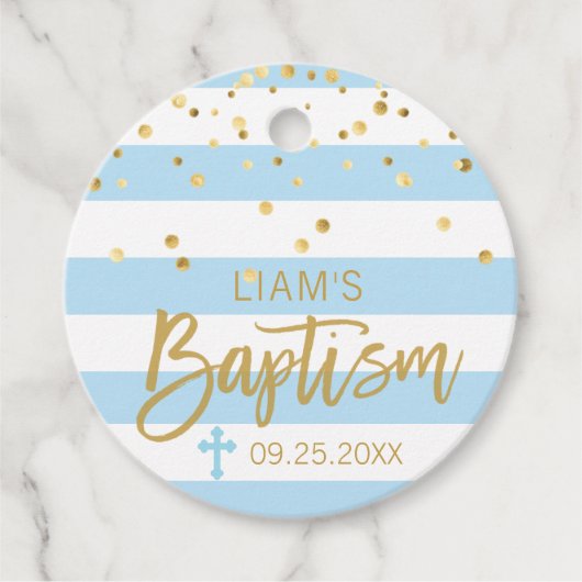 Étiquettes Cadeau Stripes Cross Pastel BLUE Gold BOYER BAPTISM (Devant)