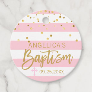 Étiquettes Cadeau Stripes Cross Pastel PINK Gold GIRL BAPTISM