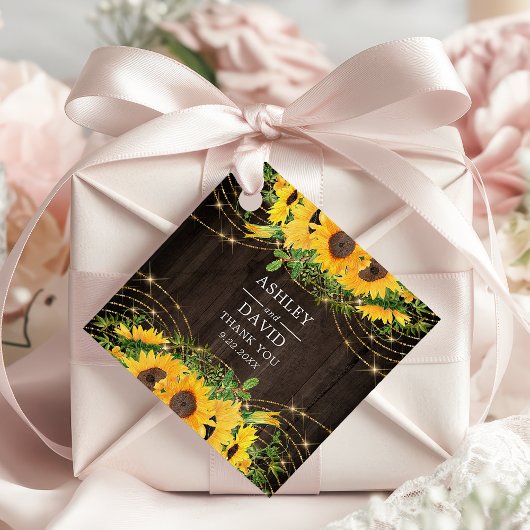 Étiquettes Cadeau Sunflower Gold String éclaire Mariage rustique