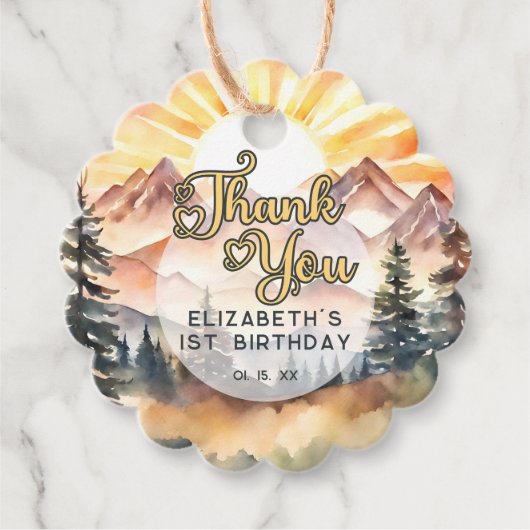 Étiquettes Cadeau Sunshine Nature Mountains Merci de fête d'annivers (Devant)