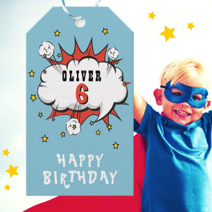 Étiquettes-cadeau Superhero Comic Speech Bubble Boy Anniversaire